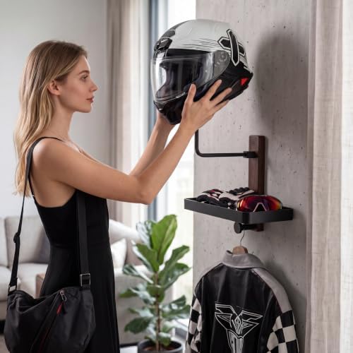Helmet Holder Wall Mount with Shlef, Helmet Storage Rack with Hooks, Solid Wood & Strong Aluminum Design for Motorcycle, Bike, Football, Racing, Skiing Sports Gear, Jackets & Hats (Brown*3) - Image 5