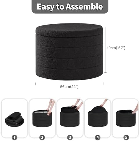 PINPLUS Large Round Folding Storage Ottoman, Dark Grey Boucle Footstool - Image 3