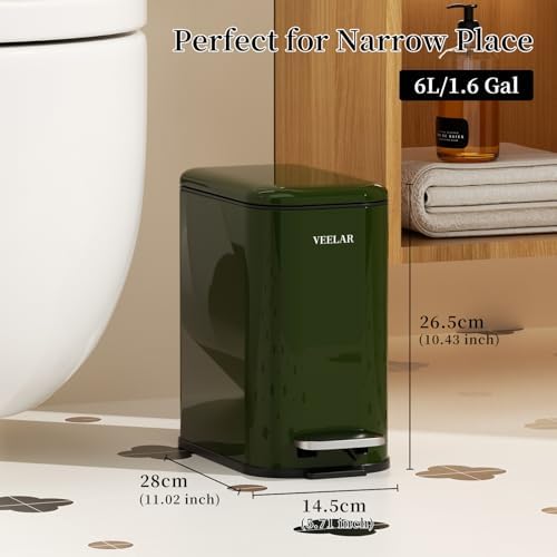 Slim Bathroom Trash Can with Lid, 1.6 Gallon / 6 Liter Stainless Steel Trash Bin, Step Pedal Garbage Cans for Bedroom, Kitchen, Office (Green) - Image 2