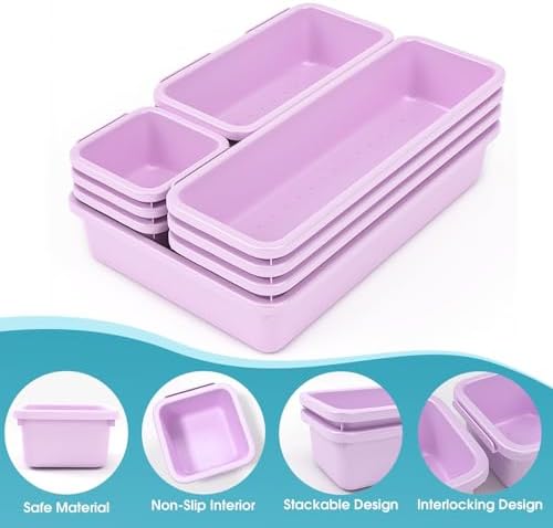 StoreHappily 10 PCS Drawer Organizer Set, 4 Size Makeup Drawer Divider Organizer With Non-Slip Pads, Interlocking Plastic Storage Bins for Office,Jewelry Vanity,Gadgets, Bathroom,Kitchen, Purple - Image 3