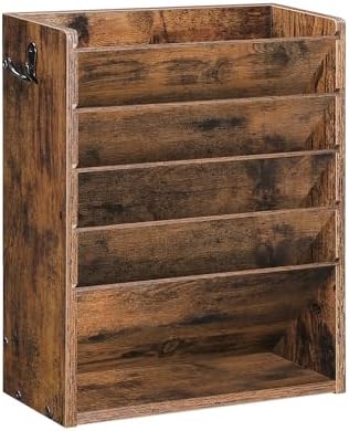 CHOEZON Wall File Organizer, 6-Tier Vertical Mount Hanging Holder with 2 Side Hooks, Vintage Wooden Magazine Storage Crate with Bottom Flat Tray, Desk Organizer, for Office, Home, Rustic Brown MWJ01FG by Choezon