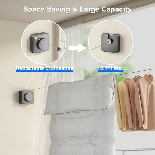 MUSTORN Retractable Clothesline Indoor, Non-Sagging Outdoor Clothes Line Retracting Heavy Duty Clothes Drying Laundry Line Wall Mounted Stainless Steel Line-13.8 Feets(Square-Gray) - Image 2