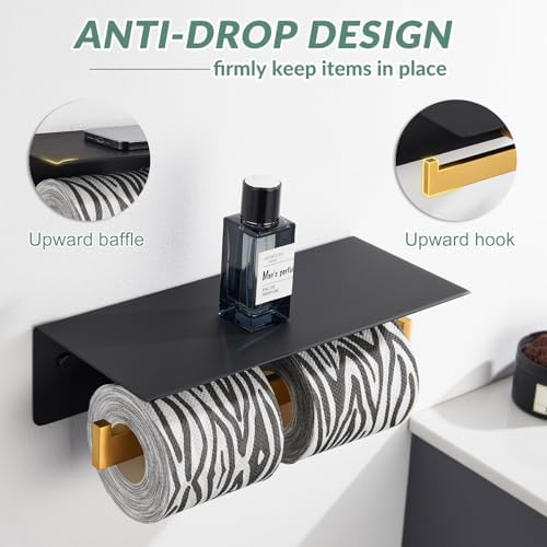 APLusee Double Toilet Paper Holder with Shelf, Black Gold, Wall Mounted - Image 6