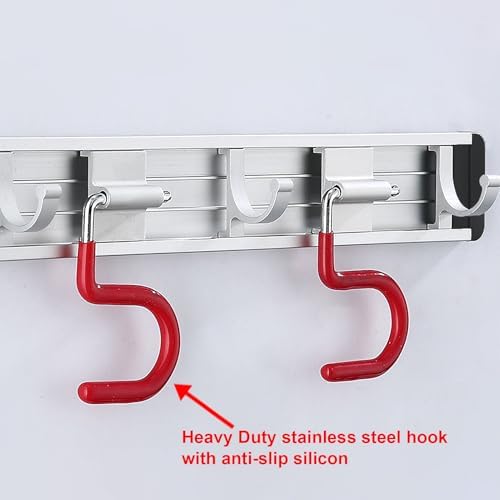 Wall Mounted Mop and Broom Holder Stainless Steel S Type Broom Rack Anti-Slip Mop Organizer (34Inches,8 Positions 6 Hooks, Red White) - Image 3