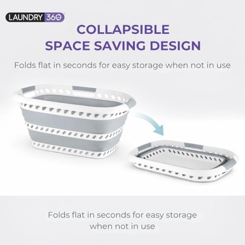 Laundry 360 Collapsible Laundry Basket 40L | Portable | Space Saver Storage | Hold 2 Loads | Store Under the Bed or Closet | Good for Kids | Dorm | Bedroom | Large | White/Grey - Image 2