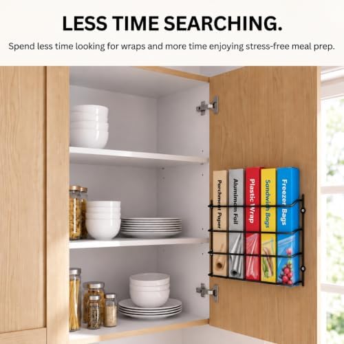 Evelots Kitchen Wrap Organizer - Hold up to 4 Plastic, Foil, Paper, Wax - Cabinet Door, Wall Rack Basket - Sandwich, Freezer, Food Bag Storage - Laundry Supplies - Black - Image 4