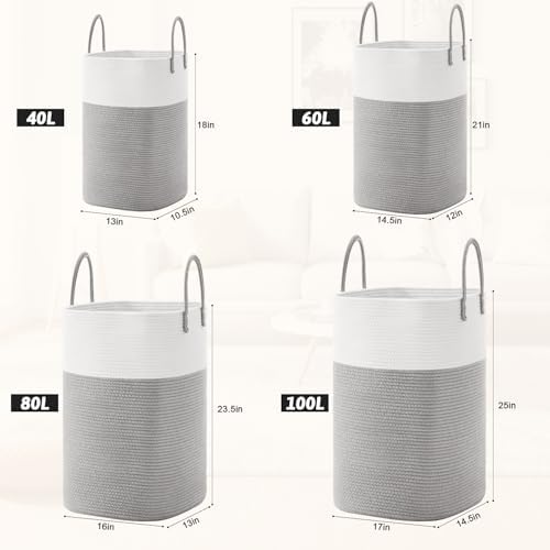 Laundry Basket,Woven Cotton Rope Laundry Hamper,Versatile Storage for Dirty Clothes,Baby Toys,and Blankets in Bathroom, Nursery,and Living Room (Grey, 60L) - Image 3