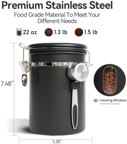 Veken Coffee Canister with Window, Airtight Stainless Steel Container, 22OZ - Image 2