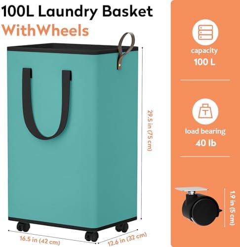 SpaceTrove Rolling Laundry Basket with Wheels, Laundry Hamper, 100L, Green - Image 4