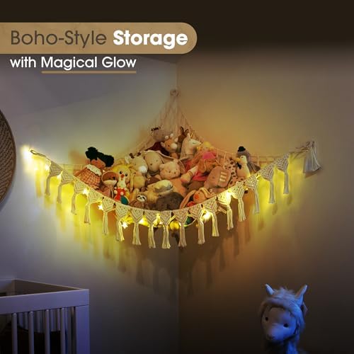 Abby Baby Extra Large Stuffed Animal Storage Hammock Corner with LED Lights – 25LB Capacity Hanging Toy Net for Small or Large Plushies, Boho Macrame Squishmallow, Plush Net, Purple - Image 6