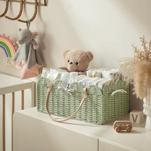HBlife Large Baby Diaper Caddy, Paper Rope Scalloped Storage Baskets Nursery Bin with Removable Divider, Portable Car Organizer for Diapers, Baby Shower Gifts, Newborn Essentials Must Haves, Green - Image 3