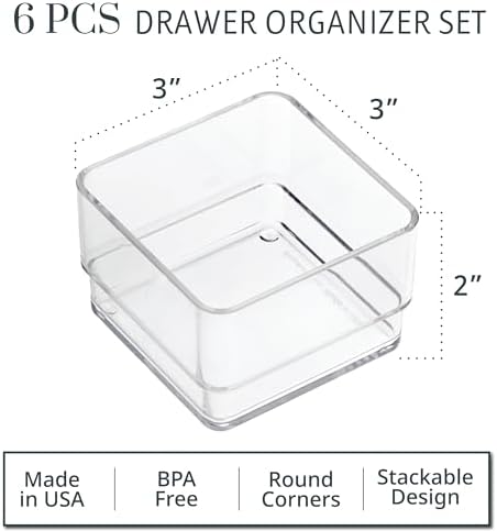 STORi SimpleSort 6-Piece Stackable Clear Drawer Organizer Set | 3" x 3" x 2" Square Trays | Small Makeup Vanity Storage Bins and Office Desk Drawer Dividers | Made in USA - Image 2