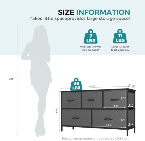OLIXIS Dresser for Bedroom with 5 Drawers, Wide Chest of Drawers, Grey - Image 3