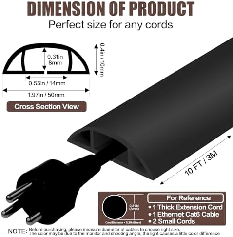 Floor Cord Cover Self Adhesive Cord Hider,10FT Cable Management, Extension Strip Protector for Wires, Prevent Cable Trips for Offices, Gyms, Exhibitions Cavity:0.47"(W) x 0.35"(H) Black - Image 2