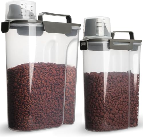 TIOVERY Dog Food Storage Container, 5-7 Lbs Airtight Pet Food Container, Cat Food Container Dispenser with Portable Handle, Pouring Spout and 4 Seal Buckles for Dogs Cats 2 Pack Grey by TIOVERY