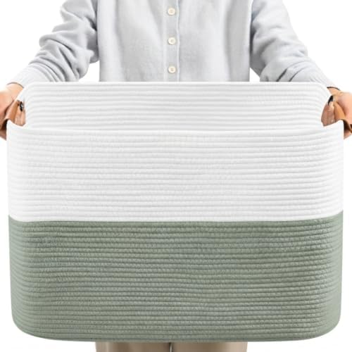 Danpinera 100L Extra Large Blanket Basket for Living Room, White&Sage Green by danpinera