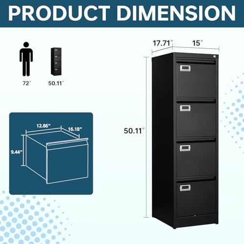MIIIKO 4 Drawer File Cabinet with Lock, Metal File Cabinets for Home Office,Vertical Filing Cabinets Office Storage Cabinet for Letter,Legal,A4,File Folders(Black) - Image 3