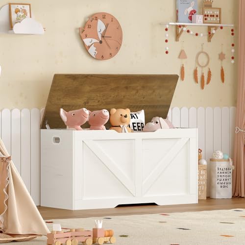 usikey 39.4" Storage Chest, Toy Box with 2 Safety Hinges, Lift Top Wooden Toy Chest, Storage Bench, for Living Room, Bedroom, Entryway, White+Honey Brown - Image 2