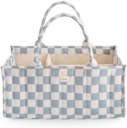 mushie Baby Diaper Caddy | Newborn Essentials Organizer (Blue Check) by mushie