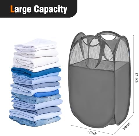 TECHMILLY Pop Up Foldable Laundry Basket, Mesh Laundry Hamper with Reinforced Handles for Dirty Clothes Storage in Dorm, Laundry Room, Bathroom, Grey(Fabric) - Image 2