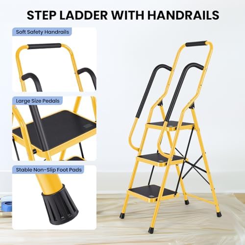 Step Ladder 3 Step Folding with Handrails, Folding Step Stool with Wide Anti-Slip Pedal, Sturdy Steel Portable Ladder, Lightweight Step Stool Foldable for Library Home Garage Office, Yellow - Image 3