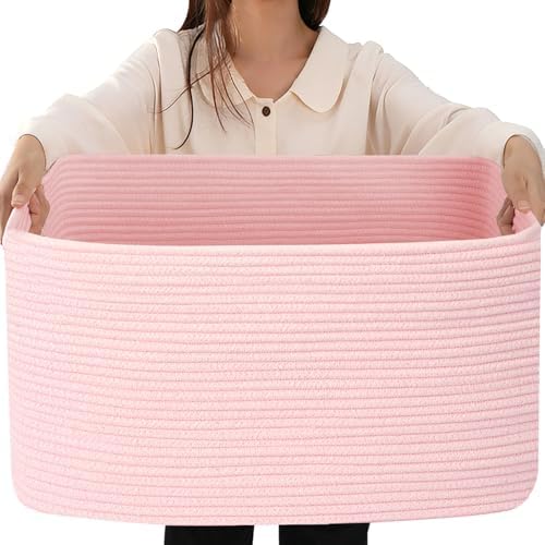 25"x16"x16" Rectangle Pink Woven Blanket Basket,Large Basket by Hobasket