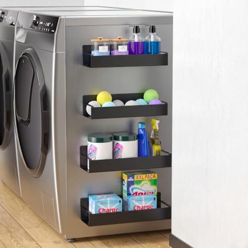 Vetacsion 4 Pack Magnetic Laundry Organizer, Heavy Duty Magnetic Shelf For Washer And Dryer, White, Iron (5‑Pack Magnetic Shelves with Hanger & Hooks) - Image 5