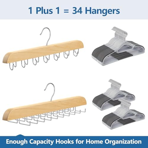 Tie Rack & Belt Hanger 2 in 1 Tie Hanger Space Saving Max 42 Belts& 60 Ties Capacity for Closet Organizers and Storage, Sturdy Wood Belt & Tie Collection Organizer(Wood, 2Pack) - Image 3