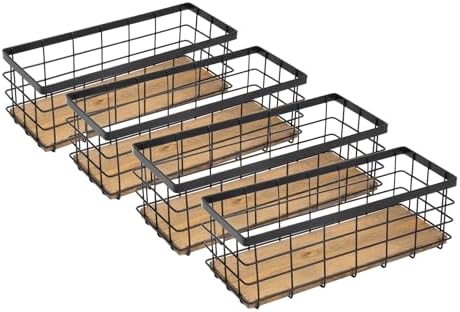 TIEYIPIN Farmhouse Small Metal Wire Storage Basket Bin, Rustic Home Storage Organizer with Wooden Bottom for Kitchen, Cabinets, Bathroom Counter, Pantry, Garage, Laundry Room - Black (4 Pack) by TIEYIPIN