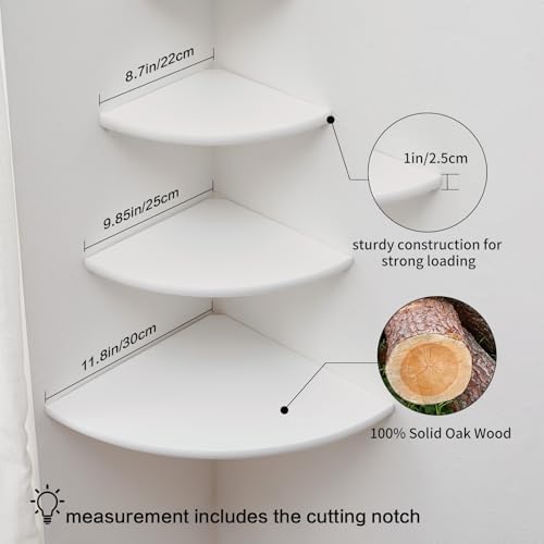 Corner Shelves, Floating Corner Shelf, Set of 3 Solid Oak Wood Corner Wall Shelves, Round End with Wire Hole Shelving for Small Plant for Bedroom Kitchen, Living Room (Size 9/10/12in) - Image 2