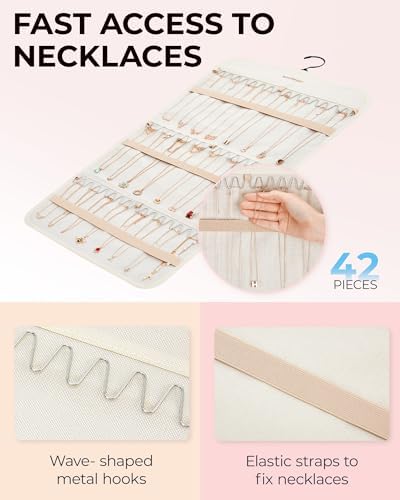 BAGSMART Hanging Jewelry Organizer Storage with Hanger Metal Hooks Double-Sided Jewelry Holder for Earrings, Necklaces, Rings on Closet, Wall, Door, 1 piece Large Beige - Image 3