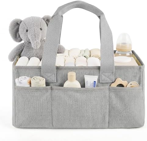 Baby Diaper Caddy Organizer with Portable Changing Mat-Portable Baby Organizers and Storage, Gift for Baby Shower, Corduroy Baby Essentials Organizer with Removable Dividers (Gray) by Unknown
