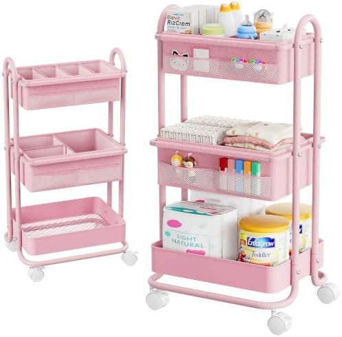 Modanais Baby Diaper Caddy Organizer Cart - 3 Tier Rolling Cart, Pink by HomeOrganizersandStorage