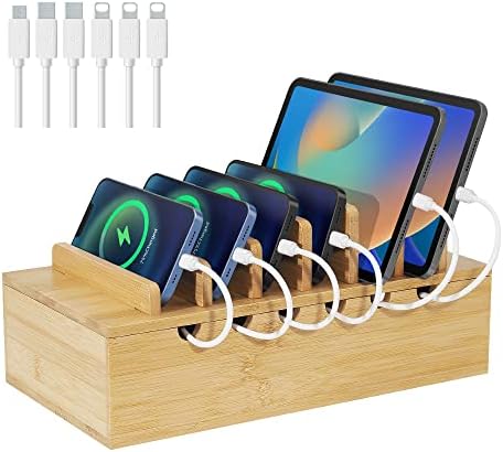 Bamboo Charging Station for Multiple Devices, Desk Docking Stations Organizer Compatible with iPhone Devices, Wood Charging Cell Phone Holder Stand (Includes 6 Cables) (NO Power Supply) by LEOKKARR
