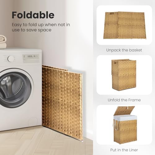 DUMOS Woven Laundry Basket with Lid, 90L Large Capacity Hamper, Removable & Machine-Washable Liner, Foldable Rattan Clothes Hamper, Sturdy Steel Frame, Odor Control, Goose Yellow - Image 4