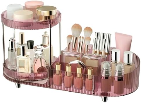 360 Rotating Makeup Organizer for Vanity, 2 Perfume Trays with 5 Compartments Cosmetic & Skincare Storage, Multi-Purpose Countertop Organizers for Bathroom, Desk, Pantry, Space-Saving Beauty Organizer by Jywantful