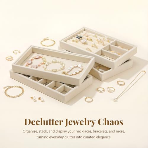 Elsjoy 8 Pack Velvet Jewelry Trays, Stackable Jewelry Organizer Trays for Drawers, Beige Jewelry Storage and Display Tray Inserts for Necklaces, Rings, Earrings - Image 6