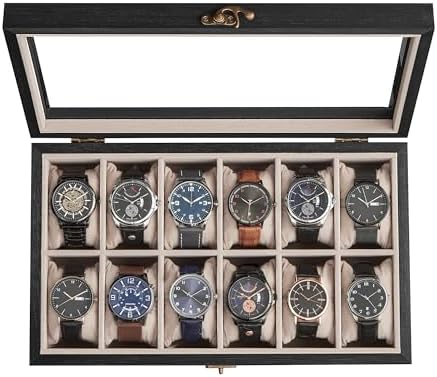 SONGMICS 12-Slot Wooden Watch Box, Display Case with Large Glass Lid by SONGMICSbySONGMICSHOME