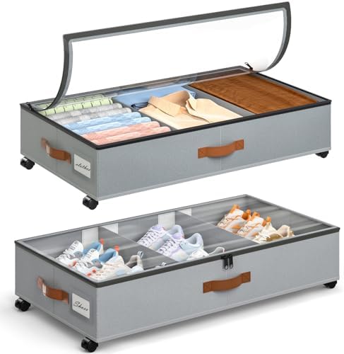 Yecaye Under Bed Storage with Wheels, 2 Pack Under Bed Storage Containers with Adjustable Dividers & Clear Window, Rolling Underbed Organizer Bins Drawers for Clothes, Shoes, Blankets, Grey by Yecaye