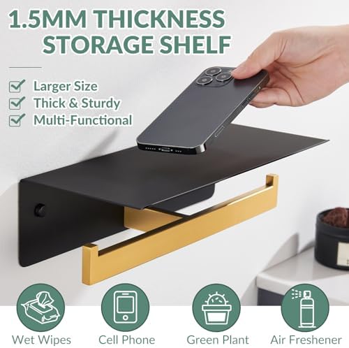 APLusee Double Toilet Paper Holder with Shelf, Black Gold, Wall Mounted - Image 4