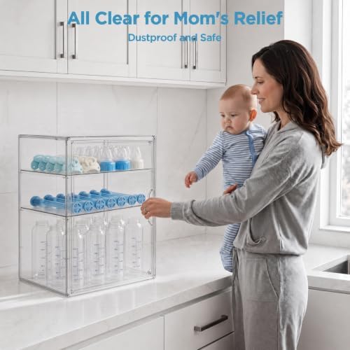 HBlife Baby Bottle Storage Organizer for Countertop Cabinet, 3 Tiers Adjustable Clear Acrylic Bottles Storage Station Case Box Container with 2 Removable Dividers and Magnetic Door, Large - Image 2