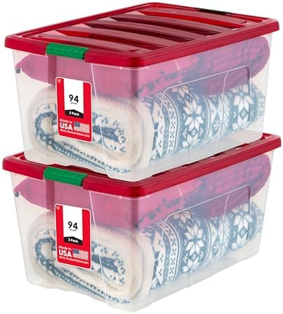 IRIS USA 2-Pack, 94 Qt. Holiday Storage Bin with Lids, Red by IRISUSA