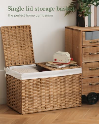 SETVSON Storage Basket with Lid Rattan Woven Storage Baskets with 2 Separate Lids, 17.2 Gallon (65 L), 22 x 13 x 13.8 Inches,Foldable, 2 Removable Liner Bags Handles for Bedroom, Laundry Room Natural - Image 4