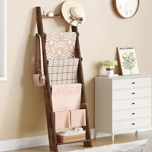 Hzuaneri Blanket Ladder, Decorative Quilt Rack with 4 Removable Hooks by Hzuaneri