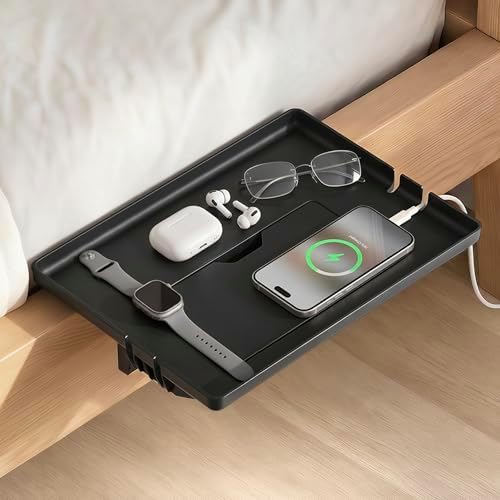 Space-Saving Clamp-On Bedside Shelf, Tool-Free Floating Nightstand with Hidden Compartment & Cord Slots, 13x9.5 Bedside Shelf for Rails up to 2.9", Black by Unknown