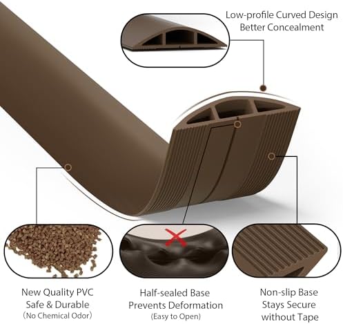 ZhiYo 6ft Floor Cord Cover, Cable Cavity 0.6" W x 0.32" H, Coffee Brown - Image 5