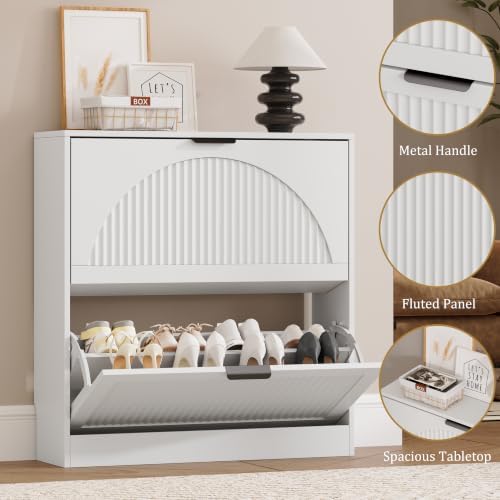 Fluted Shoe Storage Cabinet for Entryway, 2 Flip Drawers, White - Image 5