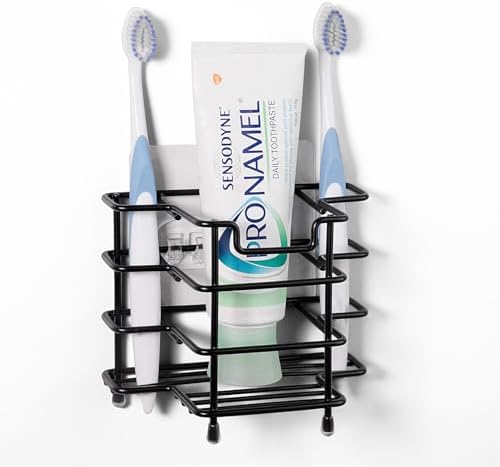 Linkidea Toothbrush Holder for Shower, Stainless Steel Brush Stand, Countertop/Wall Mount 3 Slots Organizer Compatible with Colgate Extra Clean, Oral-B CrossAction Manual Toothbrush (Black) by Linkidea