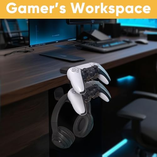 3 in 1 Under Desk Headphone Hanger with Adjustable Clamp Mount, 2 Controller Slots & 1 Headset Universal Holder Stand, Rotatable Hook Rack & Cable Organizer, for Home Gaming Xbox ps5 - Black - Image 4