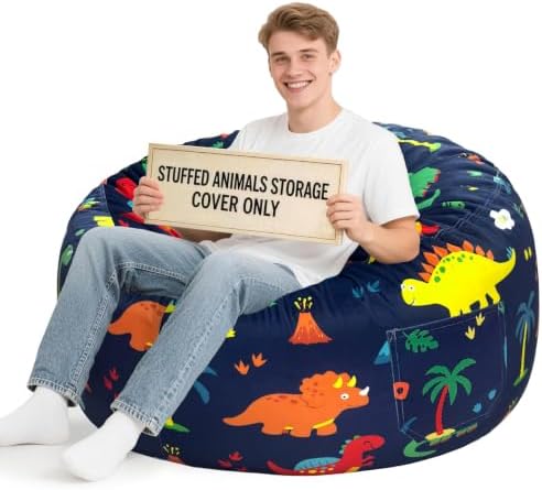 Lukeight Dinosaur Stuffed Animal Storage Bean Bag Chair Cover for Adults (No Filler), Velvet Plush Toy Organizer Seat, Long YKK Zipper, Side Pocket, XXX-Large 42"D x 23"H by Lukeight